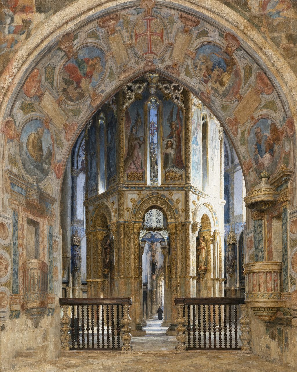 Pintura da Charola do Convento de Cristo, em Tomar, vista pelo arco que as obras de D. Manuel I abriram a sul. A partir de uma fotografia real de Ingo Mehling (CC BY-SA 4.0).