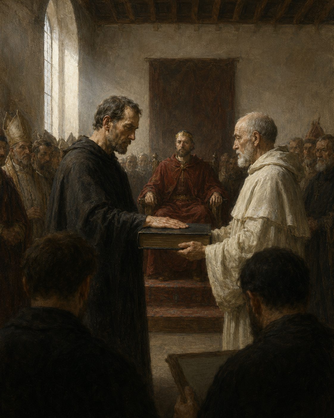 Evocação pintada do juramento de 18 de novembro de 1319, no paço régio de Santarém: o primeiro mestre da ordem nova jurou sobre os Evangelhos recebidos das mãos do prior de Alcobaça, diante do rei. Figuras genéricas, não retratos.