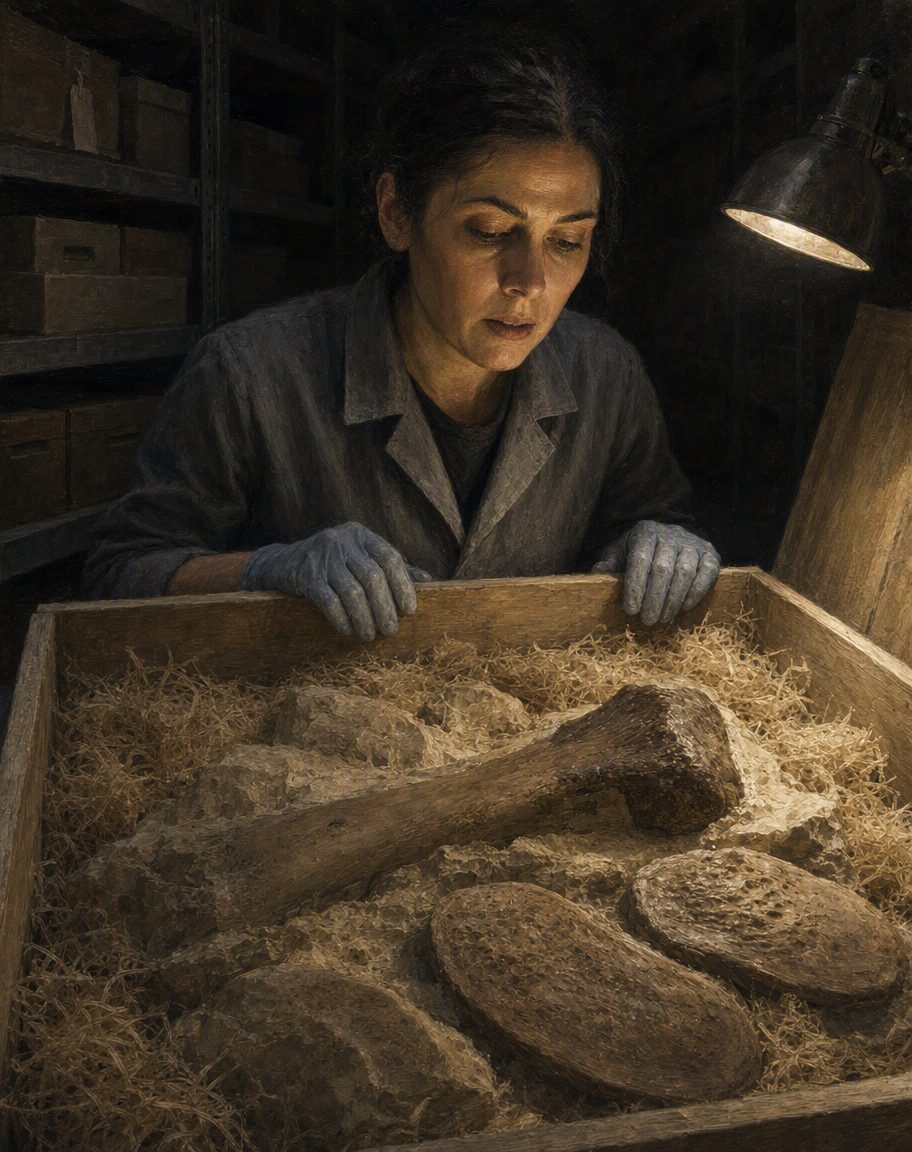 O momento que esta história tem no centro: uma caixa aberta numa arrecadação, e lá dentro ossos fósseis ainda presos à pedra. O esqueleto mais completo alguma vez descrito em Portugal esteve assim mais de sessenta anos, sem número de coleção e sem notas de campo. Pintura. a figura é uma evocação e não o retrato de uma pessoa real.