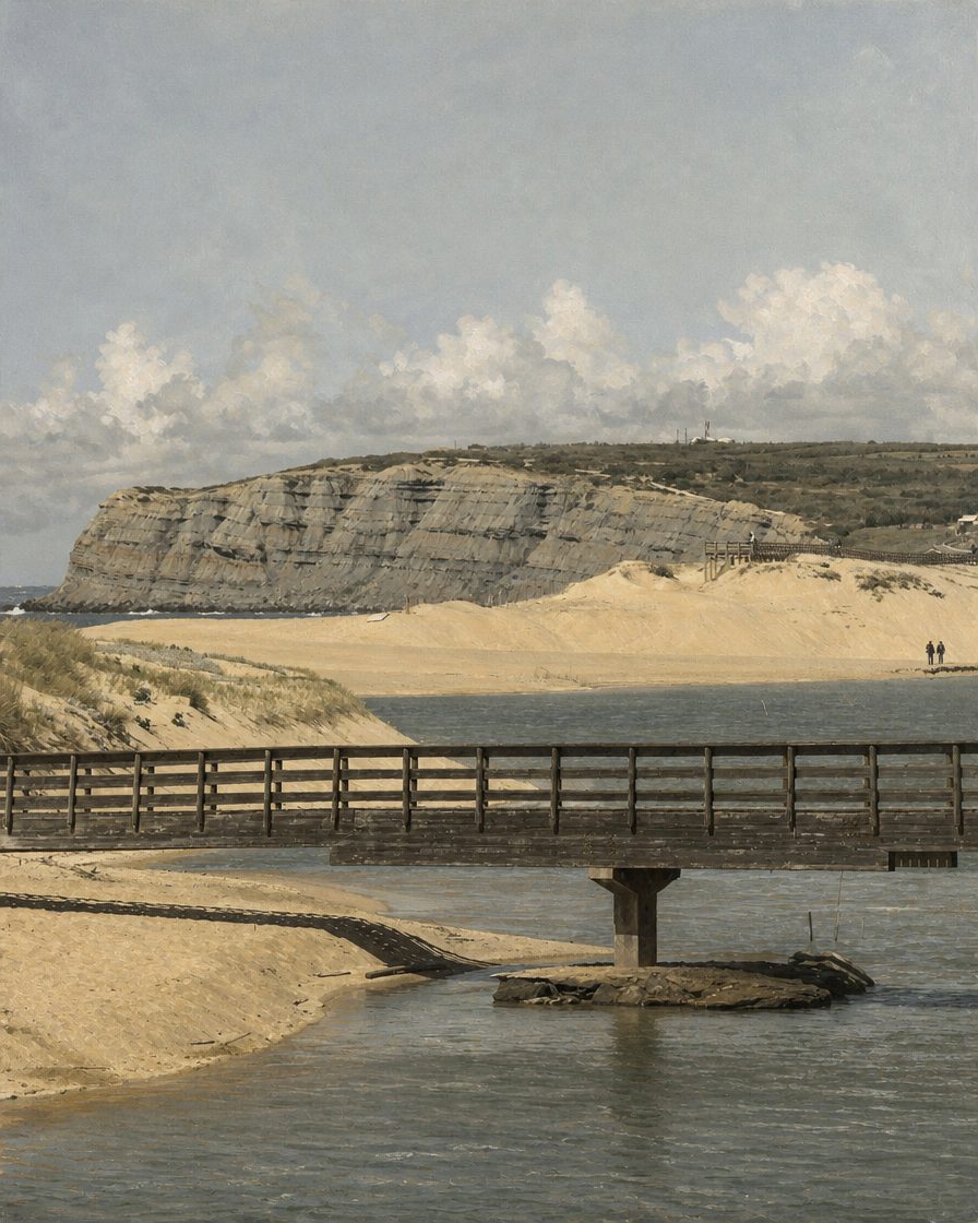 A foz do rio Sizandro, em Torres Vedras. A arriba ao fundo mostra as camadas de rocha que servem de calendário: é em camadas como estas, do Jurássico Superior, que está o anquilossauro. Pintura a partir de uma fotografia real do local, com a estrutura e as proporções preservadas.