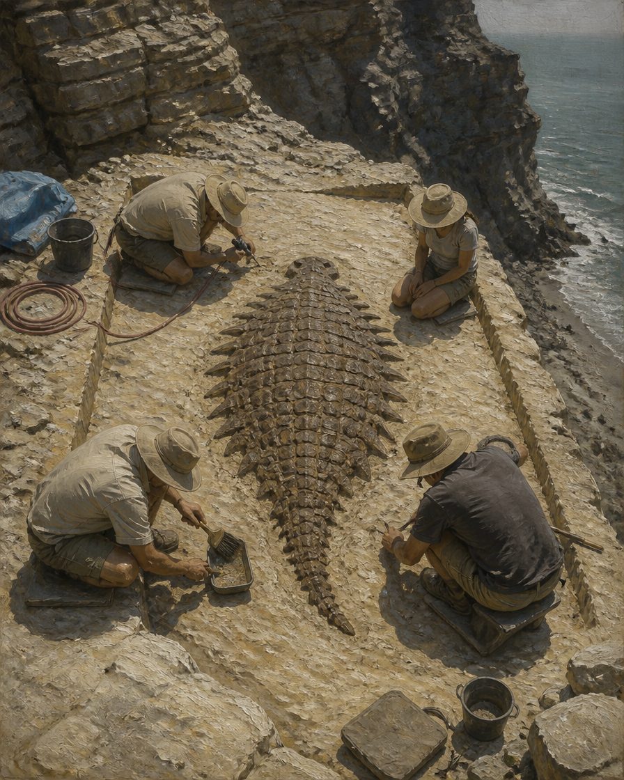 O esqueleto está articulado desde partes do crânio até à ponta da cauda, com cerca de dois metros e meio, e deitado de barriga para baixo, o que é invulgar: quase todos os dinossauros aparecem tombados de lado. Vai sair da arriba num único bloco. Reconstituição pintada a partir da descrição da equipa, não um registo do achado. As figuras são genéricas e de época e não representam os investigadores da equipa.