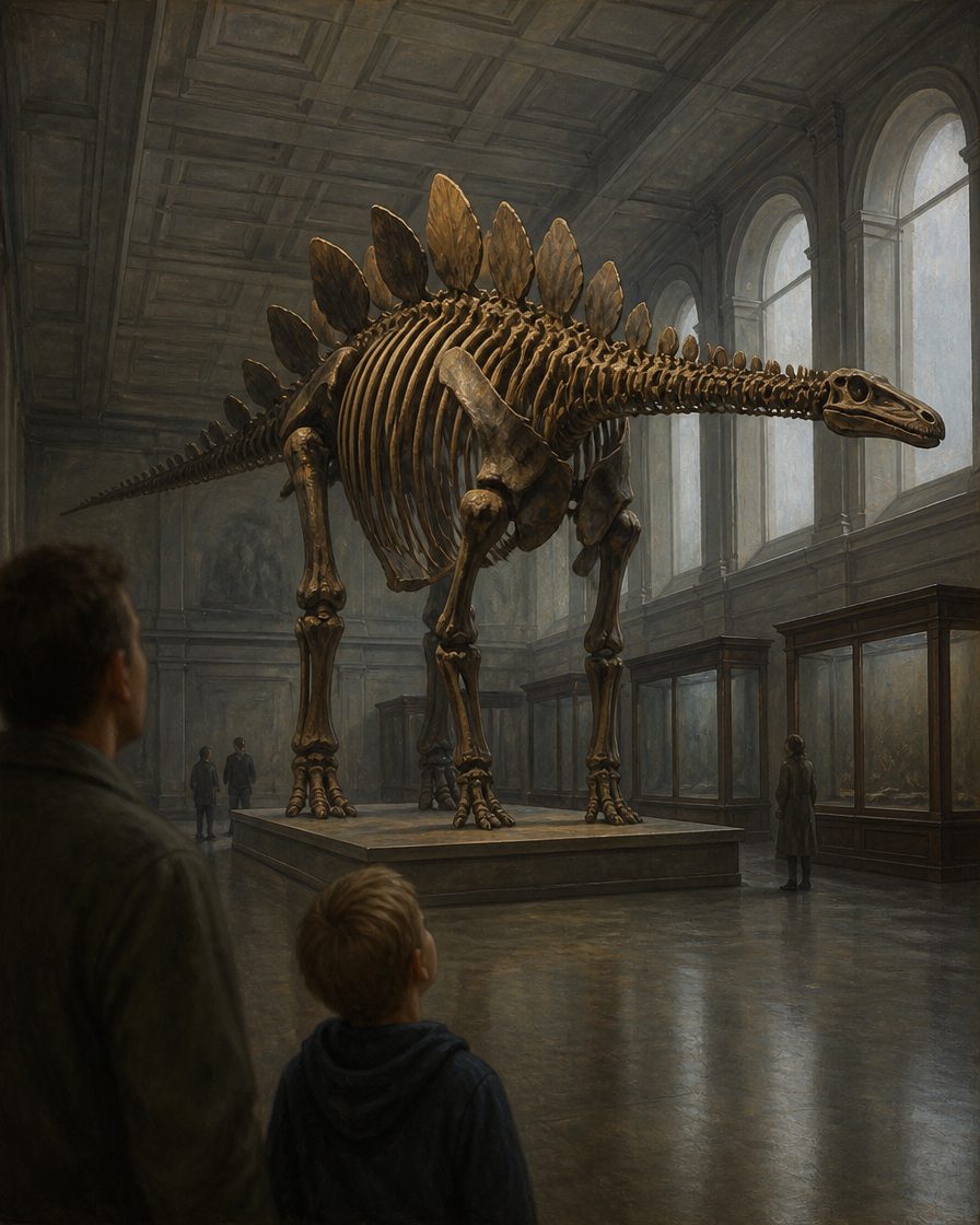 Desde maio de 2026 que o esqueleto de Atouguia da Baleia está de pé, montado osso a osso, no Museu Geológico, em Lisboa: é o primeiro dinossauro fóssil apresentado em Portugal integralmente montado e em posição de vida. Pintura: a sala é uma evocação e não o interior real do museu.