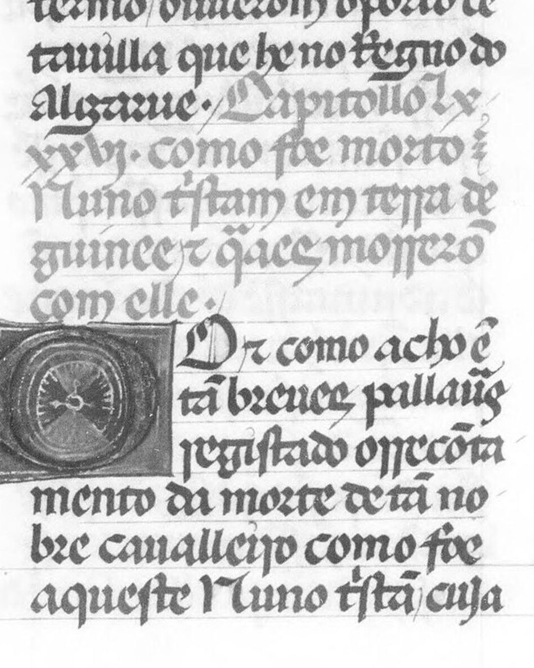 O códice de Paris da Crónica da Guiné, fl. 137v: a rubrica (a vermelho no original) «Capitollo lxxxvj como foe morto Nuno trstam em terra de guinee & quaaes morrerõ com elle» e a capital pintada (Bibliothèque nationale de France, Portugais 41, domínio público).