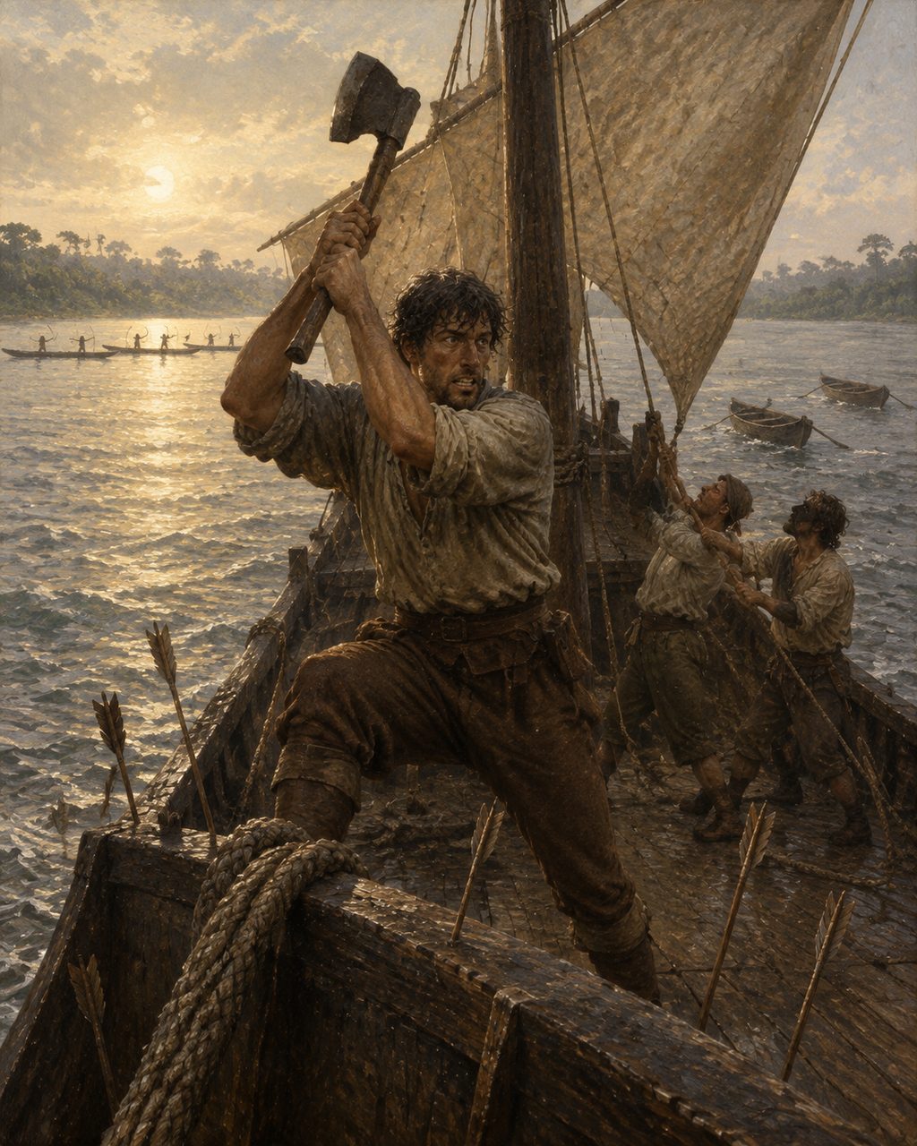 Pintura da caravela a cortar as amarras debaixo das setas, ao largo de um rio a sul do Cabo Verde, como Zurara o conta (figuras genéricas, não retratos).
