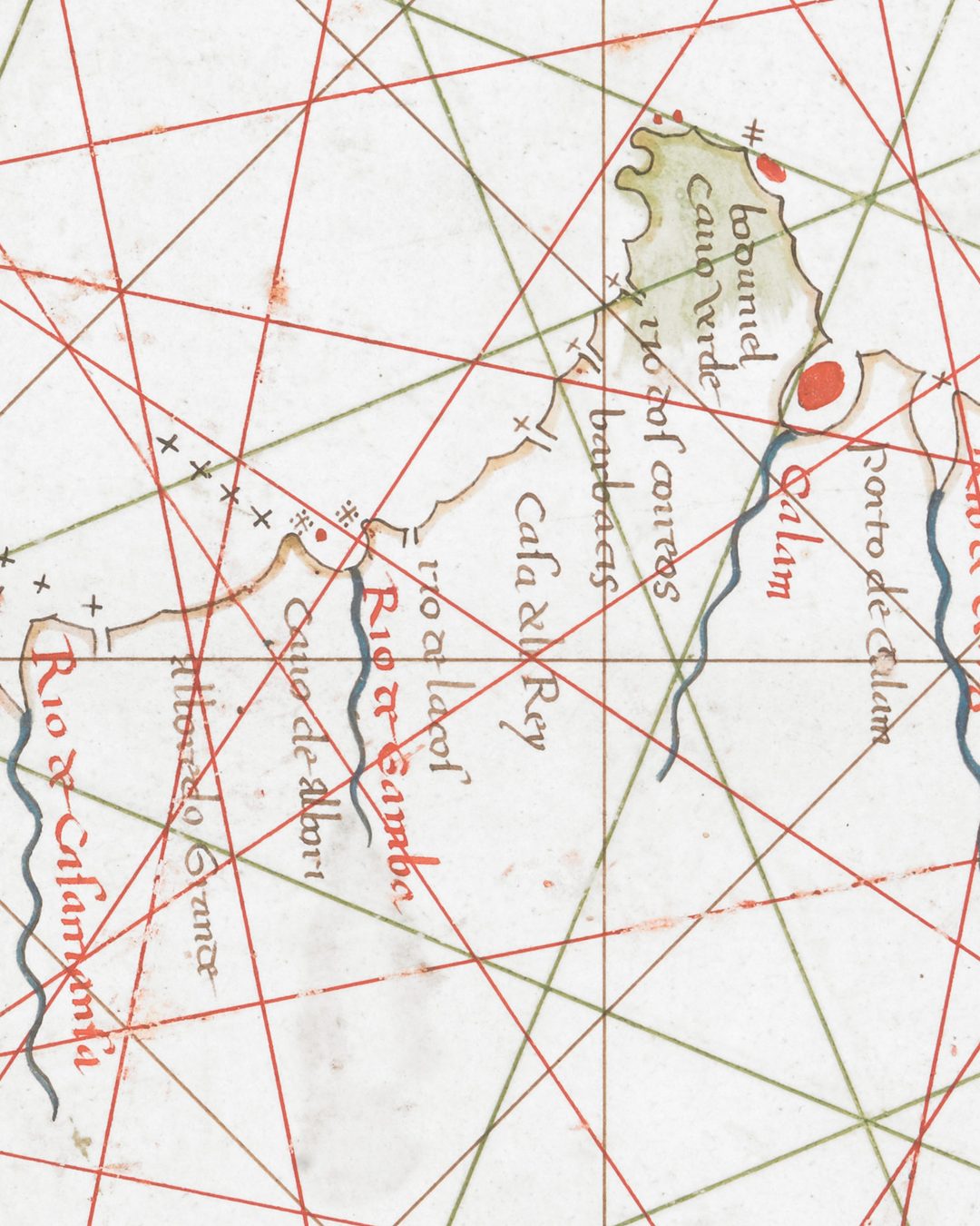 A costa a sul do Cabo Verde numa carta de marear de Grazioso Benincasa, de 1473, com nomes como «barbacis», «rio de lagos» e «Rio de Gamba» (British Library, Egerton MS 2855, f. 7r, domínio público).
