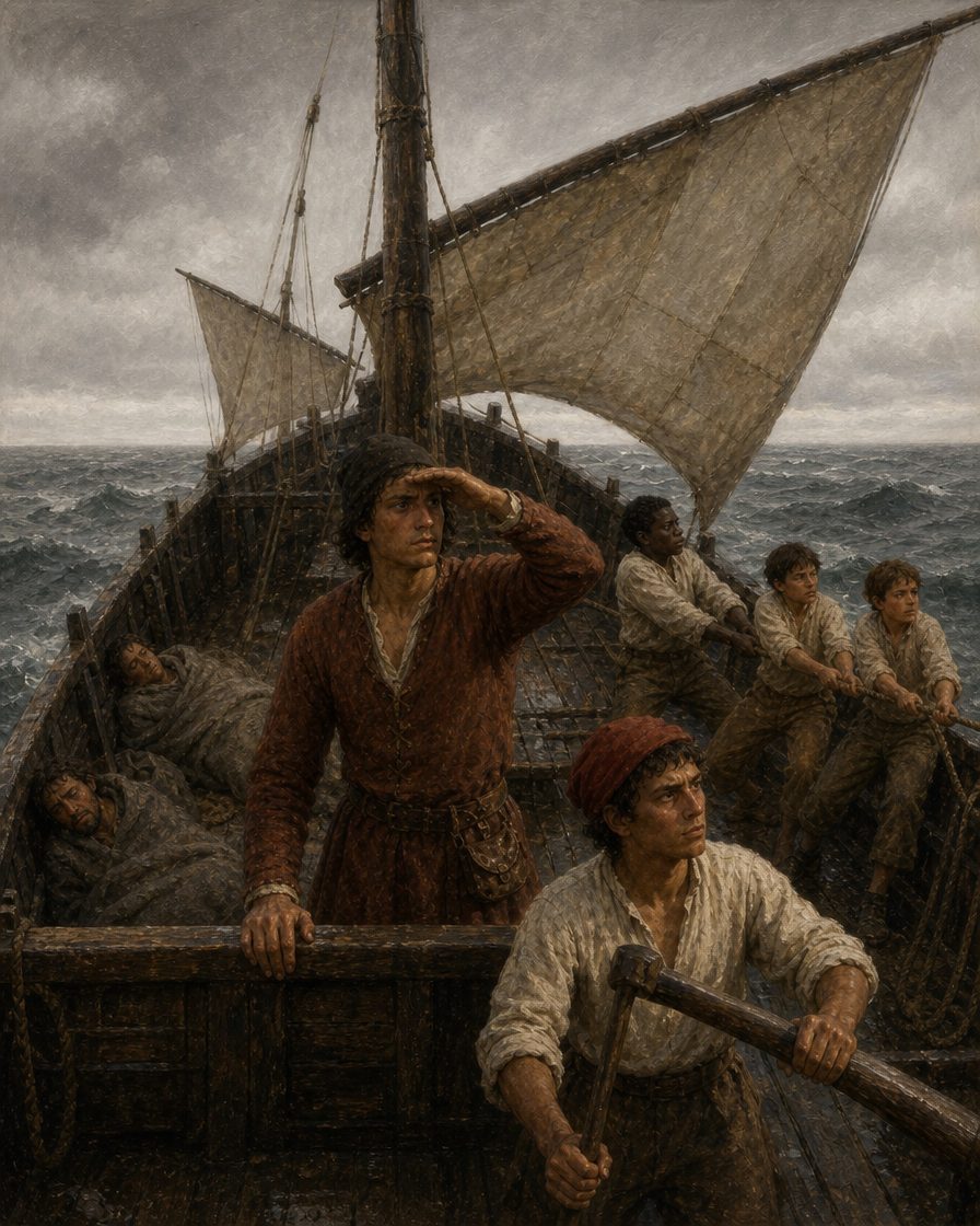 Pintura da caravela no mar alto, com os cinco que, segundo Zurara, a trabalharam até Portugal, e os dois escudeiros feridos (figuras genéricas, não retratos).