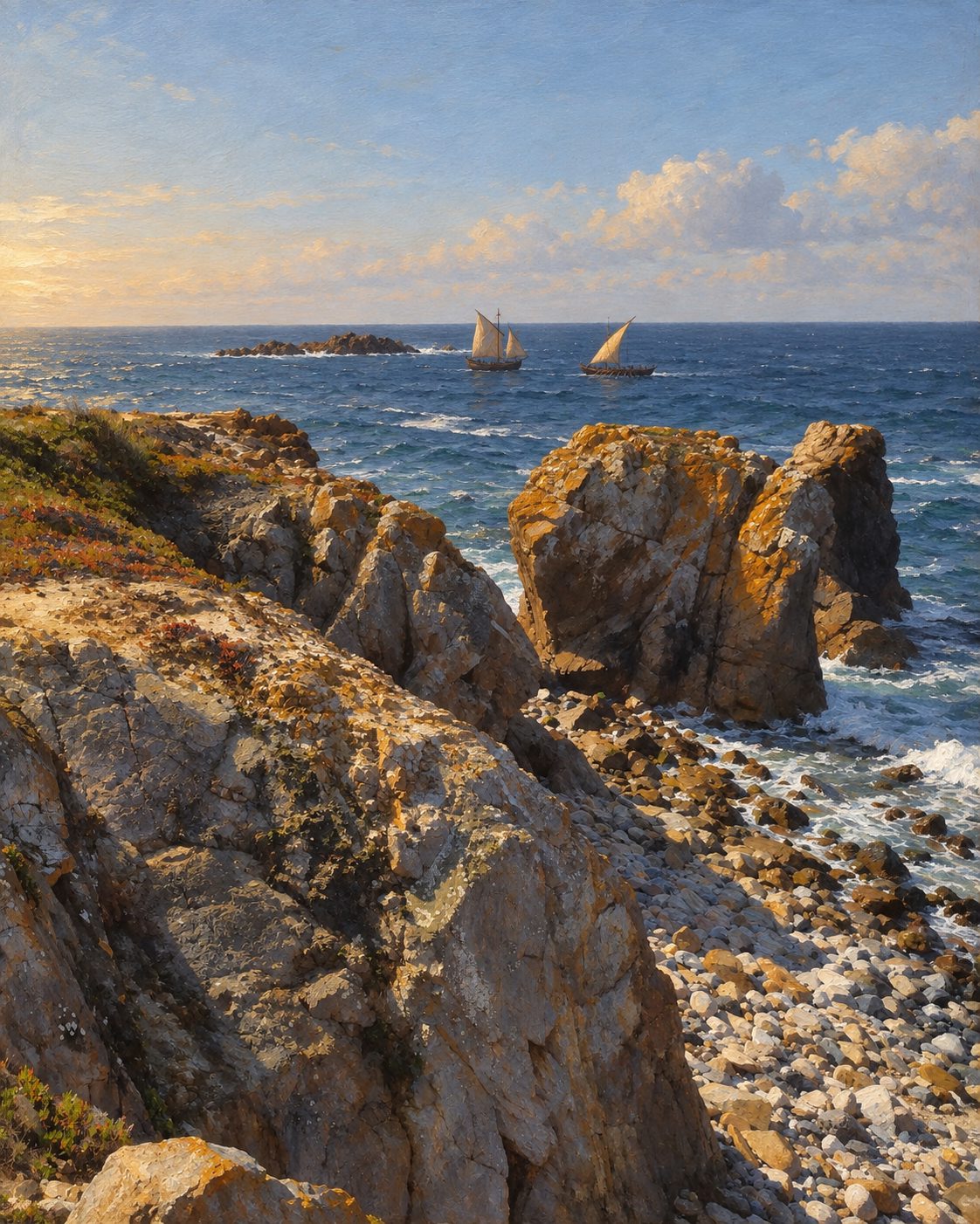 Pintura do Cabo de Sines visto de terra, com a caravela e, ao lado, a fusta armada do corsário galego Pero Falcão, ao largo, como conta Zurara. A partir de uma fotografia real de Vanbasten 23 (CC BY-SA 3.0).