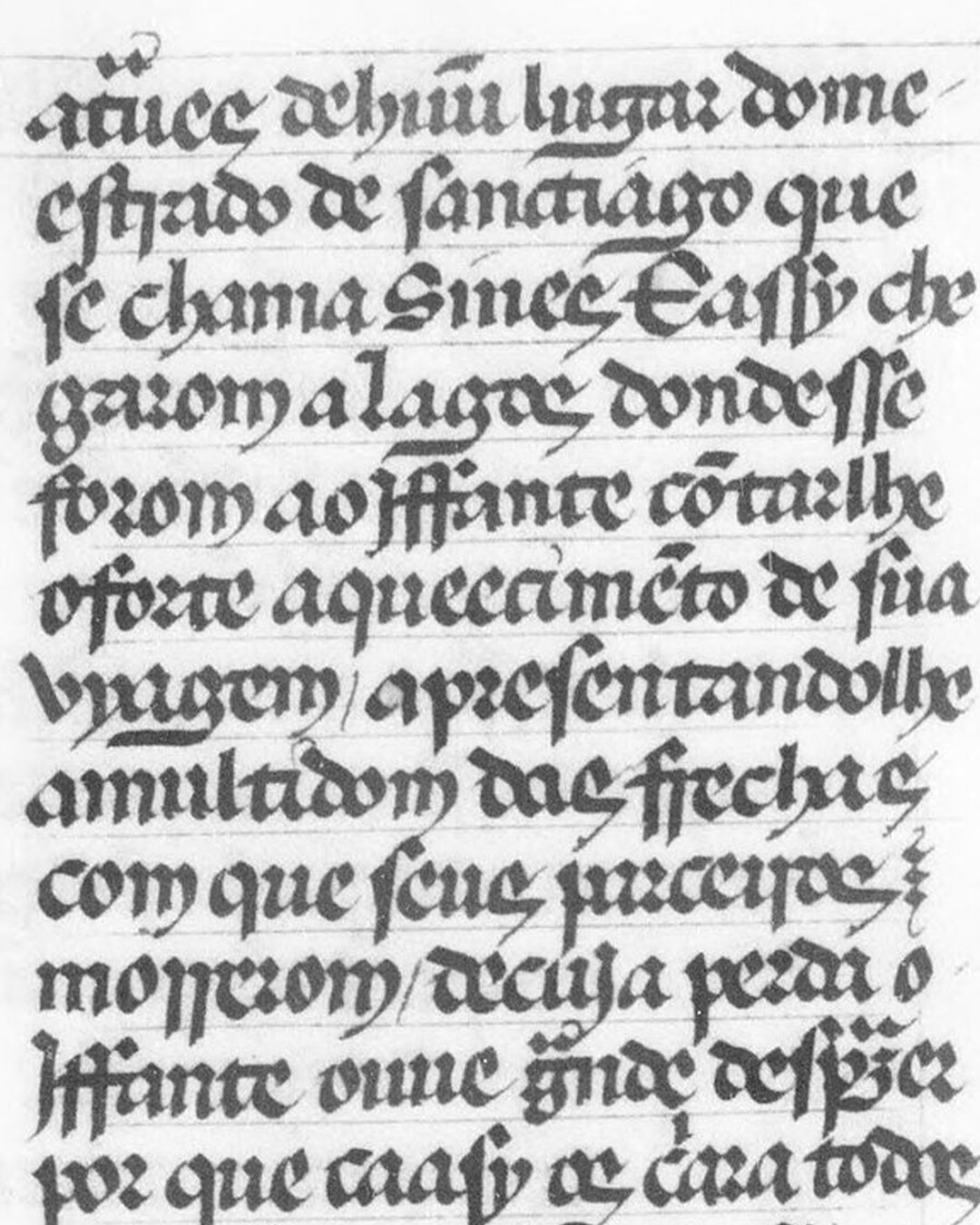 O códice de Paris da Crónica da Guiné, fl. 140v: a caravela passa por Sines, «E assy chegarom a lagos», e mostram ao Infante «a multidom das frechas» (Bibliothèque nationale de France, Portugais 41, domínio público).