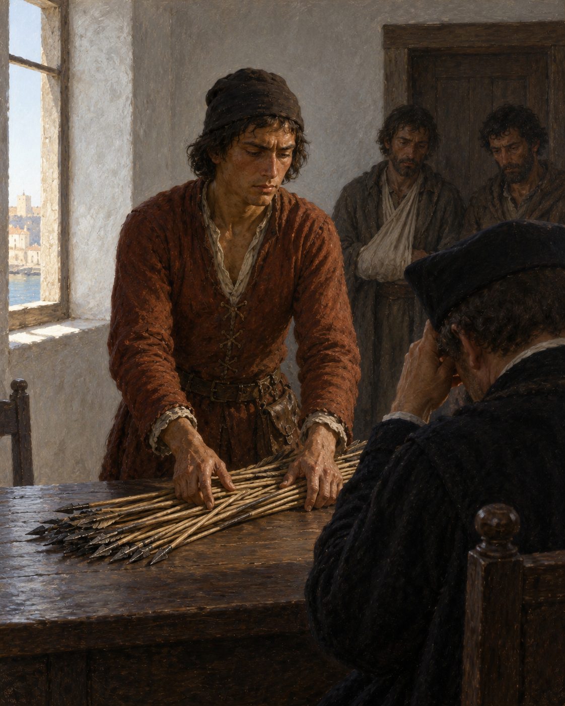 Pintura da chegada a Lagos, com as setas postas diante do Infante, como conta Zurara (figuras genéricas, não retratos).