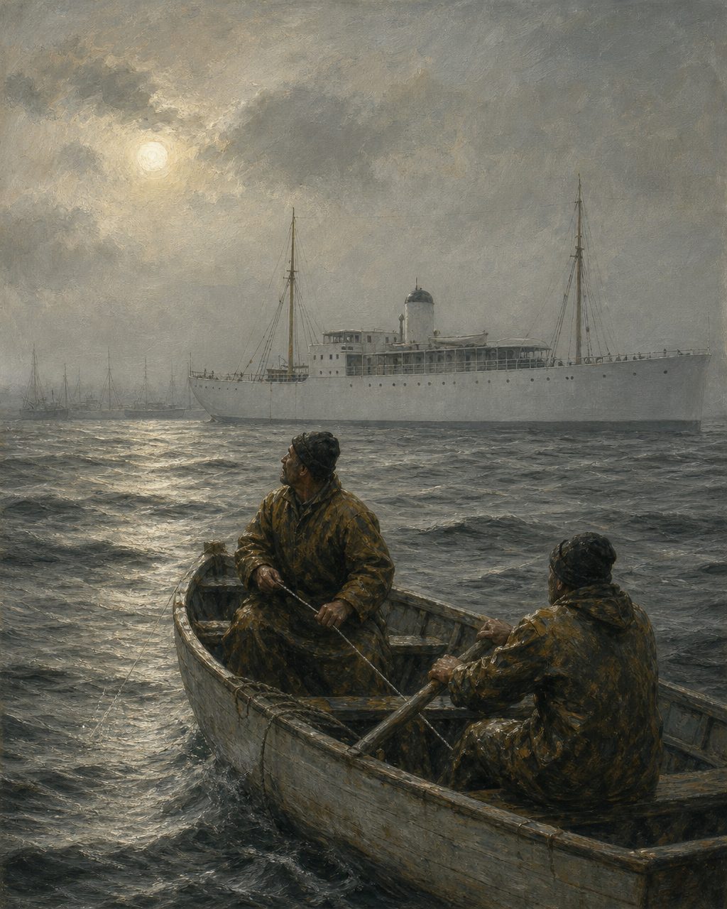A frota bacalhoeira nos mares da Terra Nova e da Gronelândia: cerca de setenta navios e milhares de homens, segundo o comandante, com o Gil Eannes ao largo. Os canadianos chamavam-lhe «The Mother Ship of the White Fleet». Cena ilustrativa de época. Pintura.