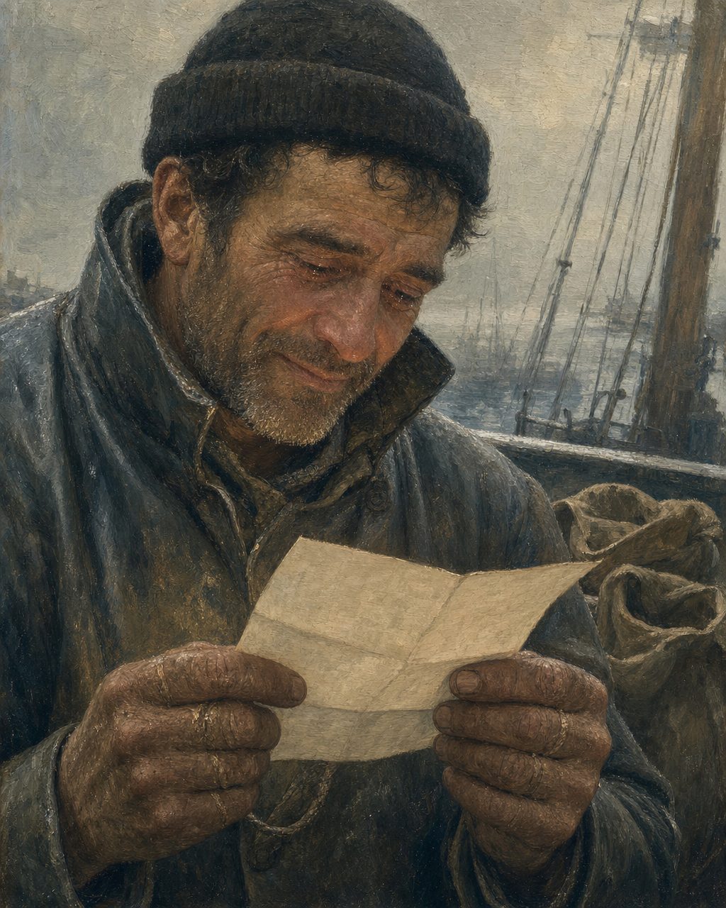 O correio da frota: segundo o comandante, setenta a oitenta mil cartas recebidas e distribuídas por campanha entre os pescadores e as famílias. Cena ilustrativa de época; nenhuma pessoa real retratada. Pintura.