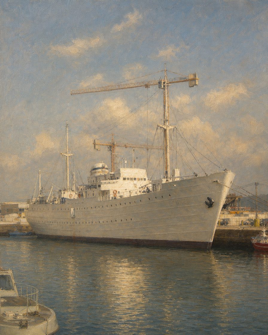 O Gil Eannes hoje, na doca comercial de Viana do Castelo: navio-museu desde agosto de 1998. A pousada da juventude que funcionou a bordo encerrou no início de 2013; hoje o navio apenas se visita. Pintura a partir de fotografia real de Nsandre (Wikimedia Commons, CC BY-SA 3.0), estrutura preservada.