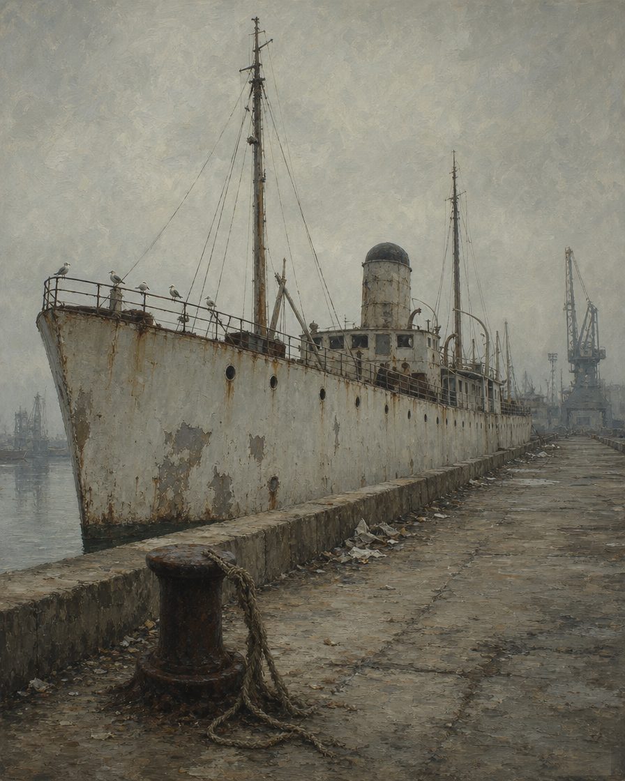 Depois de 1984, o navio andou de cais em cais no porto de Lisboa, degradado e pilhado, até ser vendido a um sucateiro para abate. Evocação ilustrativa. Pintura.