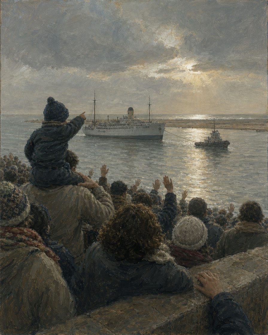 A 31 de janeiro de 1998, rebocado de Lisboa, o Gil Eannes chegou à foz do Lima, e Viana do Castelo recebeu-o em festa. Evocação ilustrativa; nenhuma pessoa real retratada. Pintura.