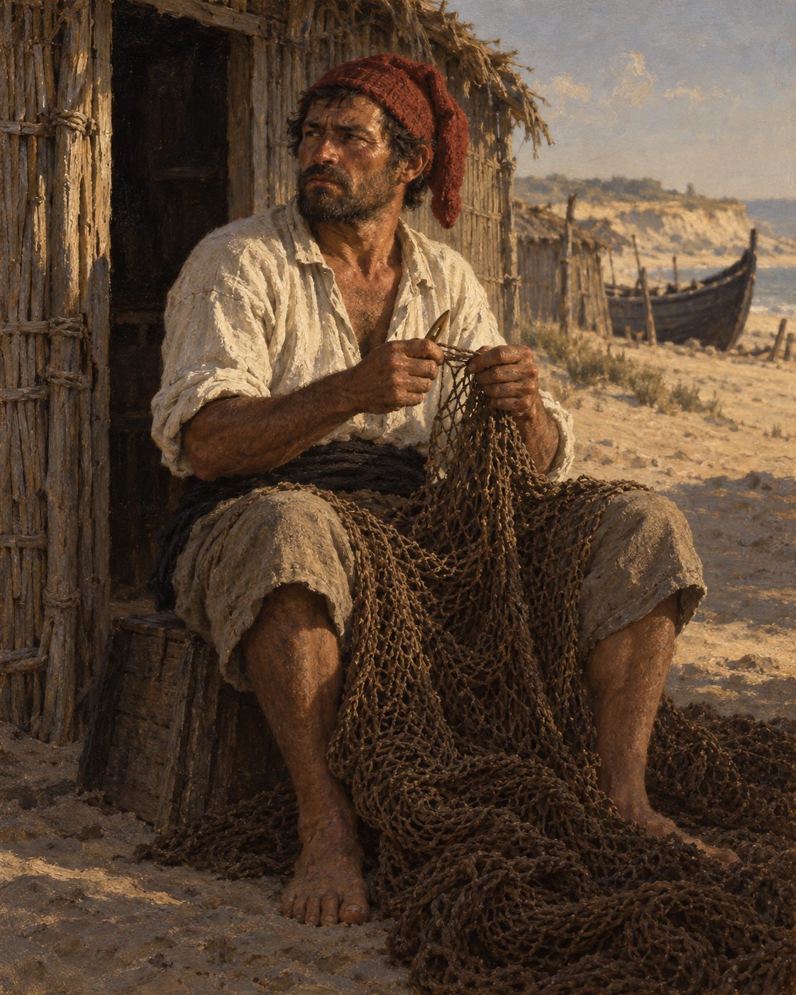 Evocação pintada de um pescador da praia de Monte Gordo, onde, na época da safra, segundo a historiadora Sofia Costa Macedo, chegavam a contar-se cerca de cinco mil homens e mil cabanas. Figura genérica, não retrato.