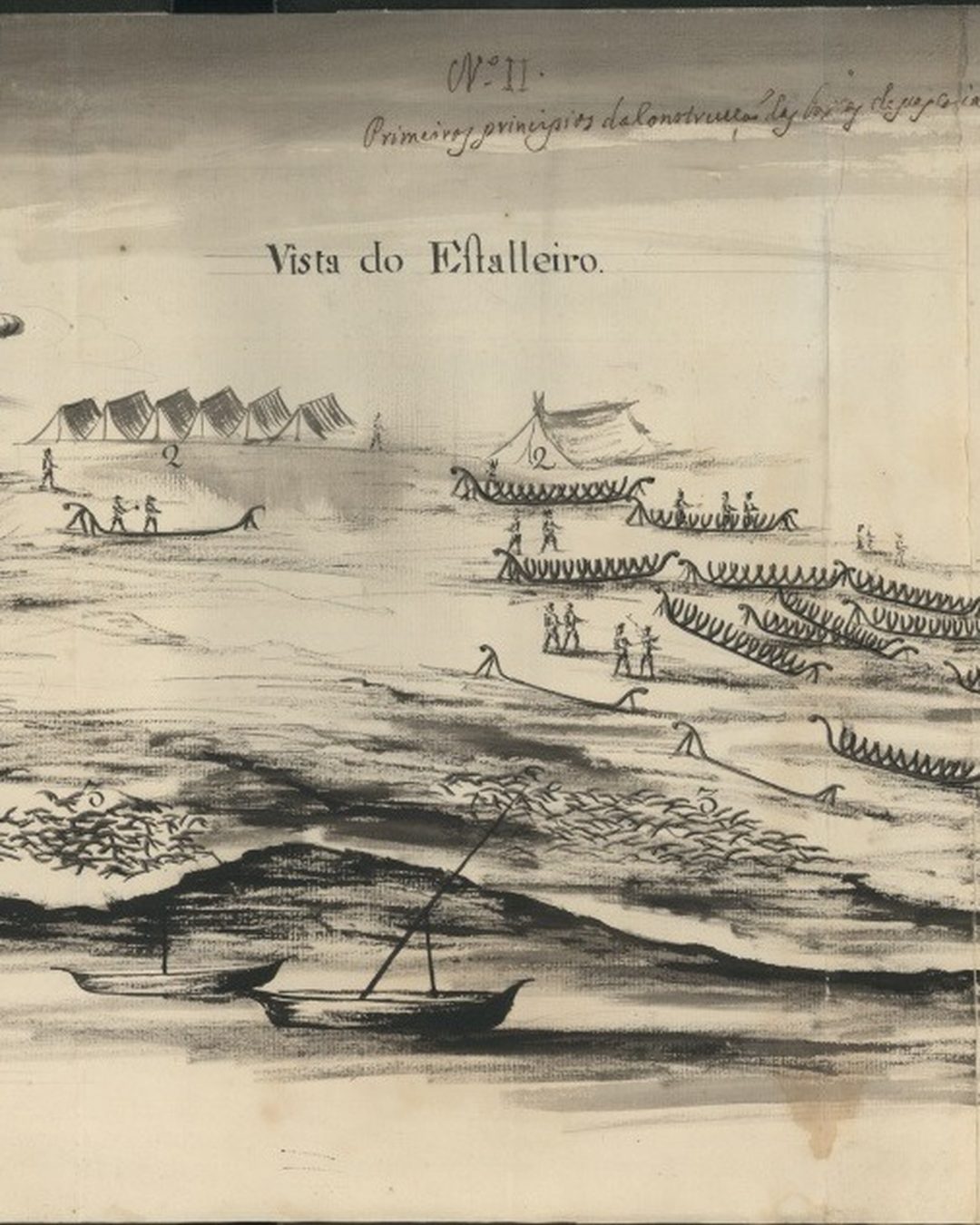 «Vista do Estalleiro», de José de Sande Vasconcelos, um dos três desenhos de 1774: tendas no areal e construtores navais a trabalhar nos esqueletos dos barcos. (Arquivo Histórico Municipal António Rosa Mendes, Vila Real de Santo António; domínio público.)