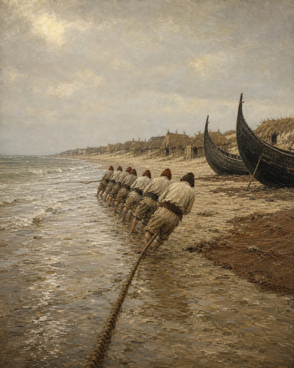 Evocação pintada da praia de Monte Gordo na época da safra, com as cabanas dos pescadores e as barcas da xávega. Figuras genéricas, não retratos.