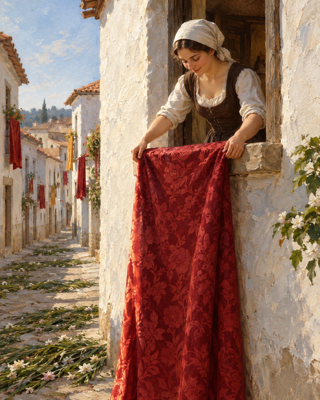 Pintura de uma janela com damasco sobre uma rua juncada. O programa das festas de 13 de maio de 1776, impresso em Lisboa, previa damasco nas janelas e as ruas juncadas durante três dias. Figura genérica, não retrato.