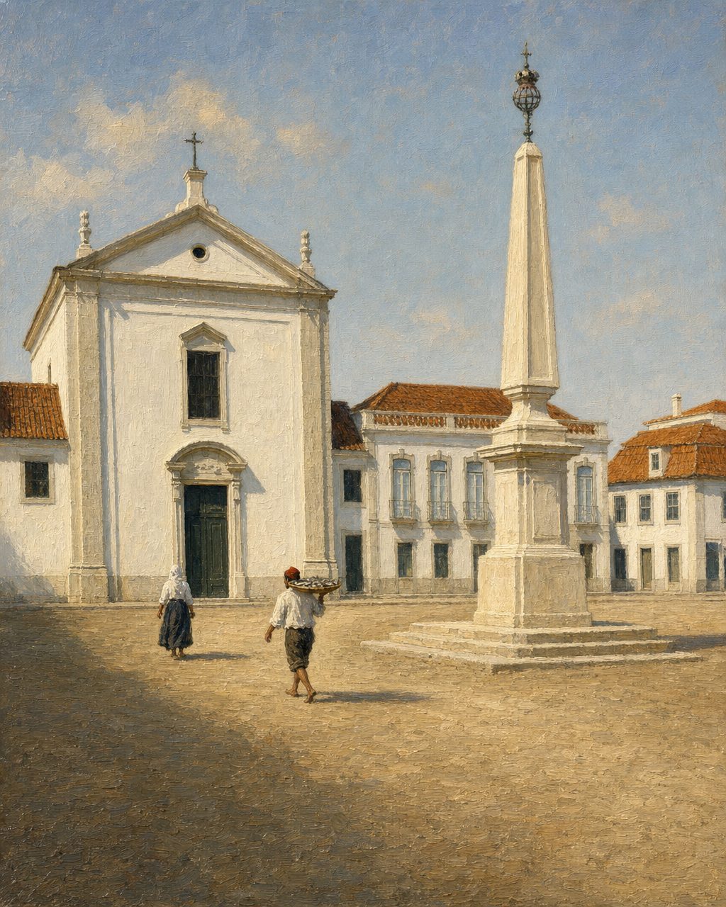 Pintura da antiga Praça Real, hoje Praça Marquês de Pombal, com a igreja matriz e o obelisco coroado, a partir de uma fotografia de Vitor Oliveira (CC BY-SA 2.0). Figuras genéricas, não retratos.