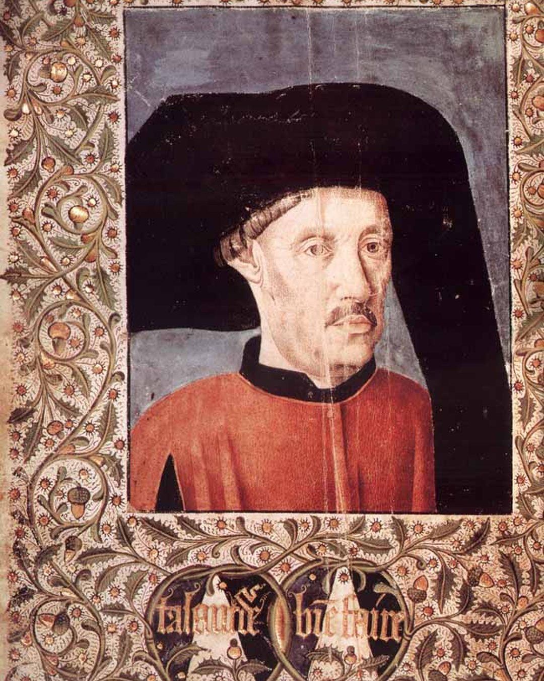 Iluminura do códice de Paris da Crónica da Guiné, f. 5v: um homem de chapeirão negro e bigode, sem nome escrito, com a divisa do Infante, «talant de bien faire», por baixo; desde que o livro foi achado, tem-se como o rosto de D. Henrique (Bibliothèque nationale de France, Portugais 41, domínio público).