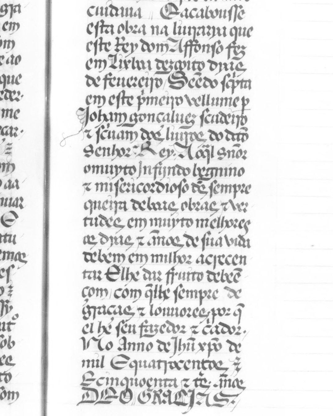 A última página do códice de Paris, f. 160r: a obra acabou-se «na livrarya que este Rey dom Affonso fez em Lixboa», escrita naquele volume por João Gonçalves, «scudeiro e scrivam dos livros» do rei; o ano vem por extenso, e depois «Deo gracias» (Bibliothèque nationale de France, Portugais 41, domínio público).