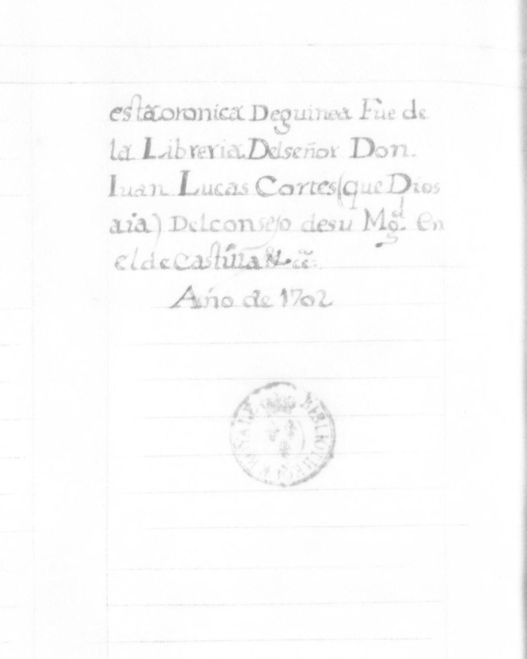 Numa folha do fim do códice, a nota em castelhano: «Esta coronica de Guinea fue de la Libreria del señor Don Juan Lucas Cortes…», «Año de 1702»; por baixo, o carimbo redondo da biblioteca do rei de França (Bibliothèque nationale de France, Portugais 41, domínio público).