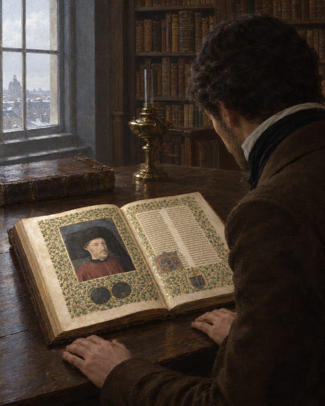 Pintura do achado na Biblioteca Real de Paris, no princípio de 1837: um leitor abre o códice na página do retrato (figura genérica, não retrato de Ferdinand Denis).