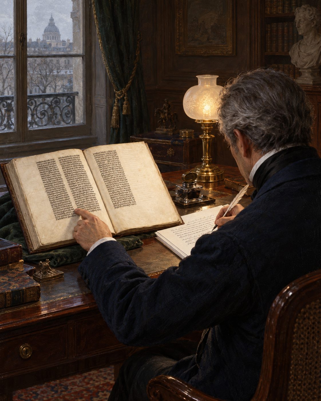 Evocação pintada do Visconde da Carreira, enviado de Portugal em França, a copiar o livro à mão, como conta Santarém (figura de costas, não retrato).