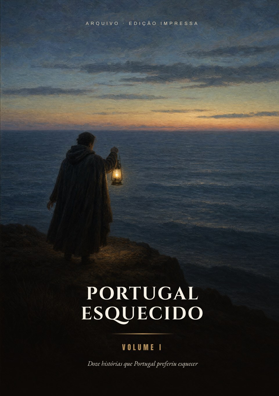 Capa do livro Portugal Esquecido, Volume I: pintura a óleo de uma figura sozinha,
de costas, com uma lanterna na mão, à beira de uma falésia atlântica ao anoitecer.