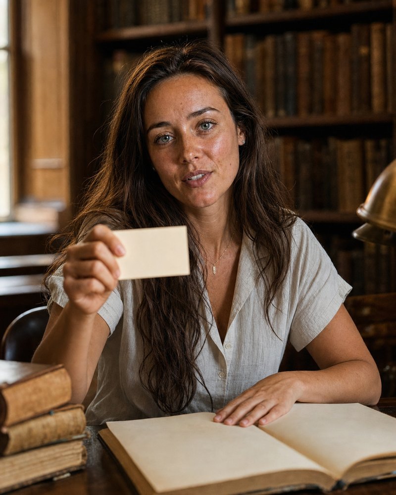 Uma mulher numa biblioteca antiga estende um cartão em branco, sobre um livro aberto.