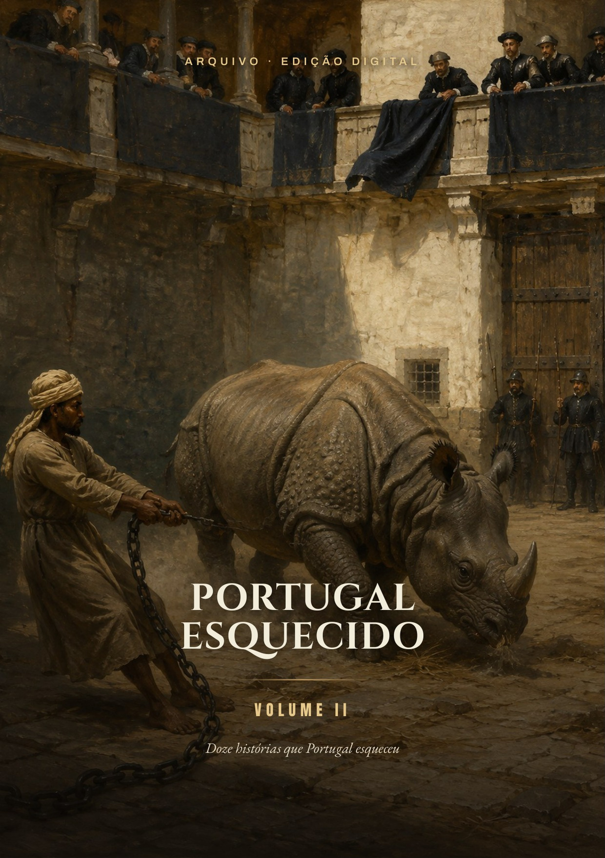 Capa do Portugal Esquecido, Volume II: pintura a óleo de um rinoceronte puxado
por uma corrente num pátio de pedra, observado das varandas.
