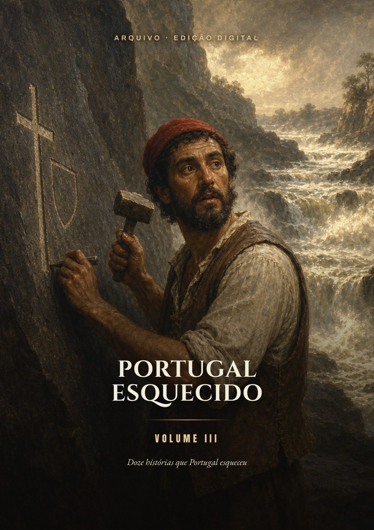 Capa do Portugal Esquecido, Volume III: pintura a óleo de um homem a gravar uma
cruz numa rocha, junto a um rio de rápidos.
