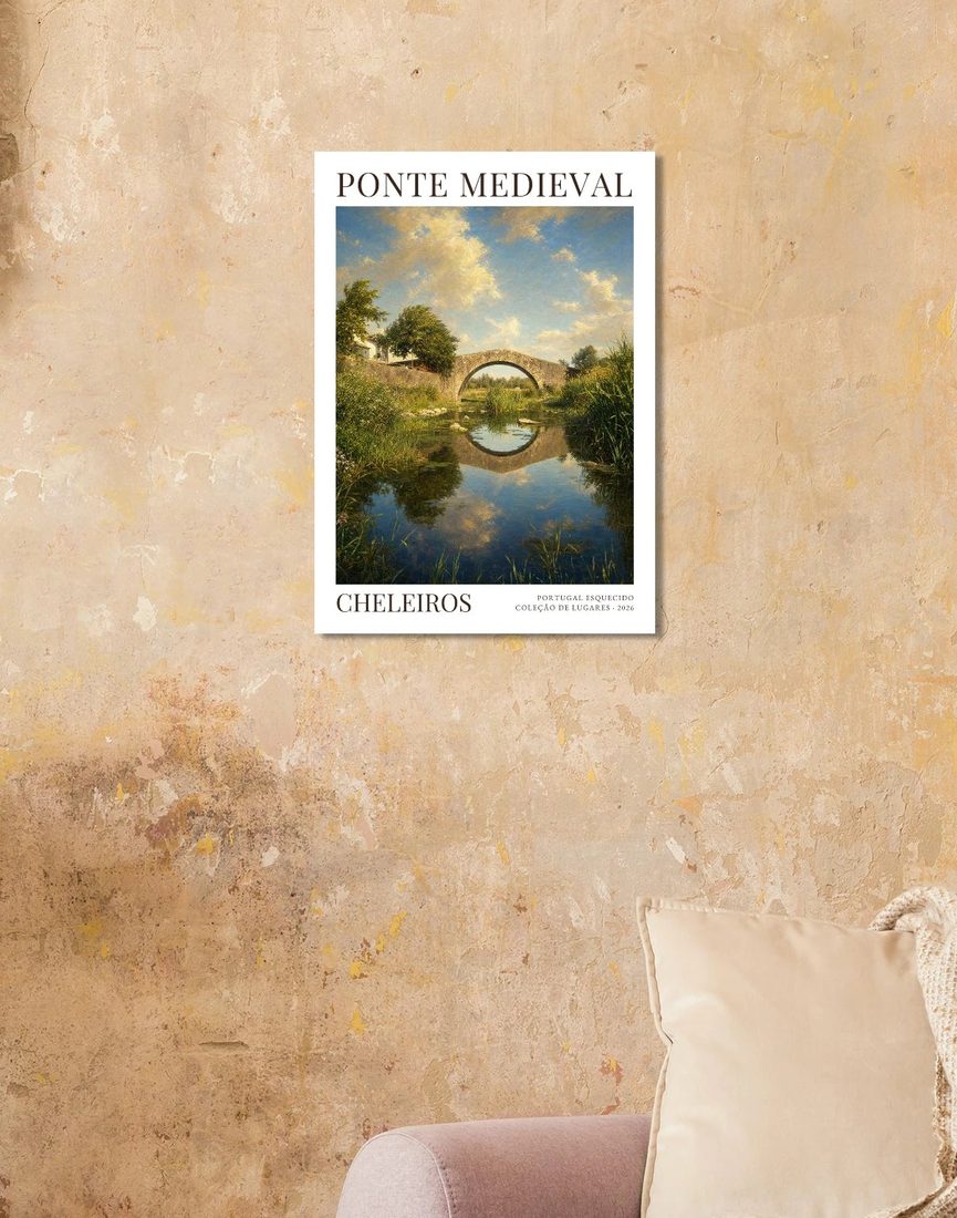 A gravura Ponte Medieval pendurada na parede de uma sala.